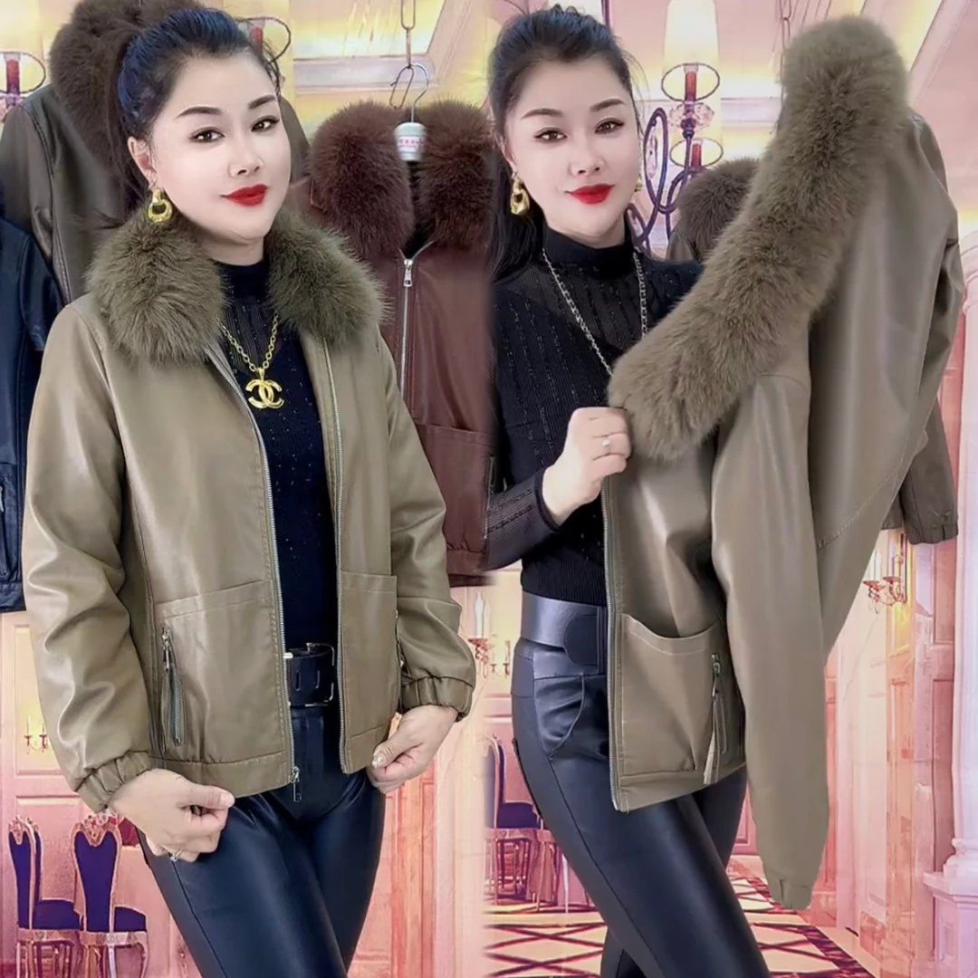 加绒加厚皮衣女外套2024年冬季爆款拉链款宽松毛领短款高档皮夹克