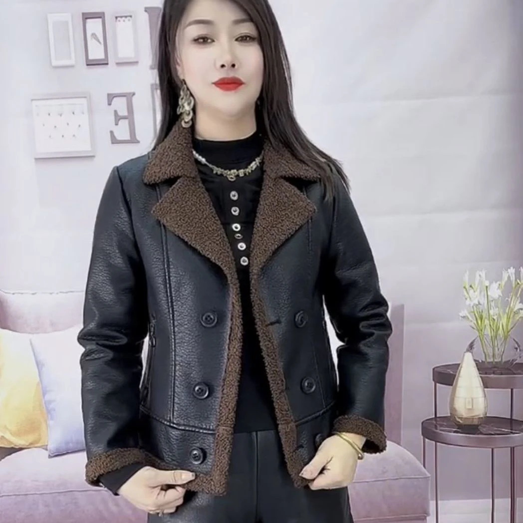 加绒加厚皮衣女2025秋冬新款韩版PU皮毛一体短款仿羊羔毛皮衣外套