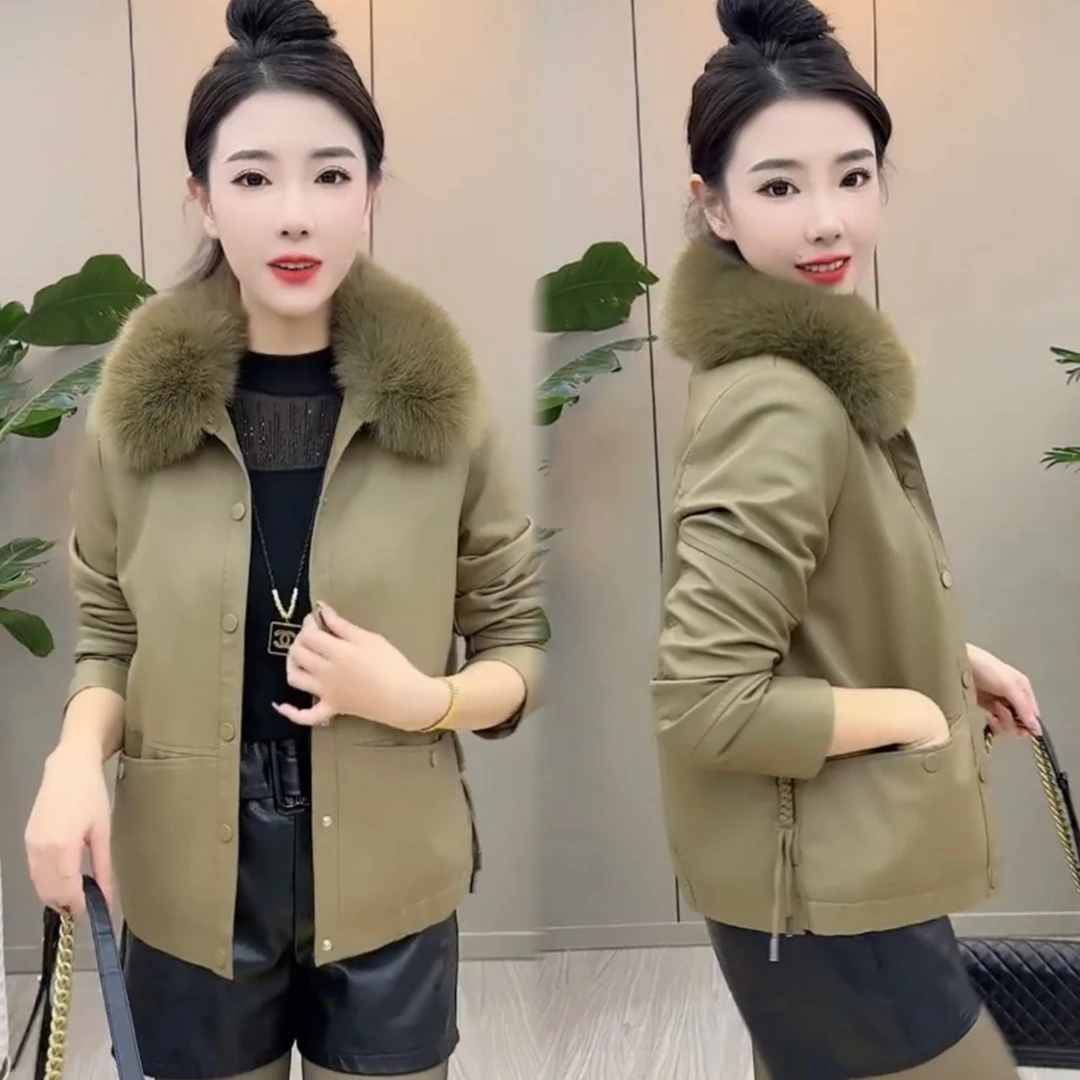 加绒加厚国风皮衣女2024冬季新款洋气百搭宽松毛领短款皮夹克外套