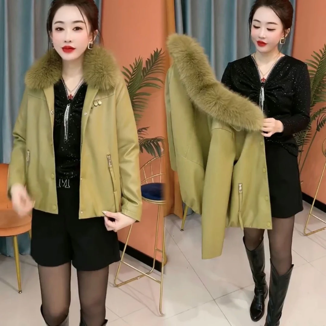 秋冬新款加绒加厚短款休闲皮衣外套女2024毛领韩版宽松时尚皮夹克