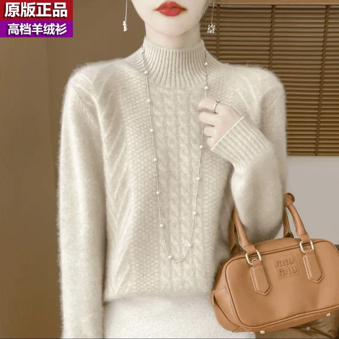 100纯羊绒女半高领时尚百搭宽松显瘦厚款不起球毛衣秋冬纯色打底