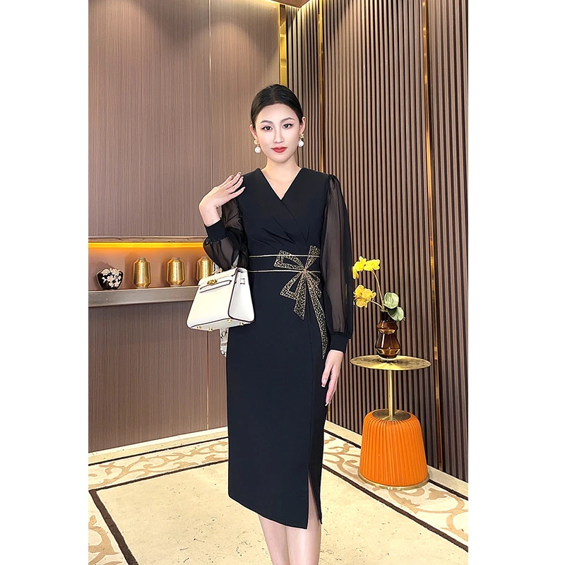 连衣裙女2024新款高端精致女时尚拼接包臀裙一步裙高级感A8495-1