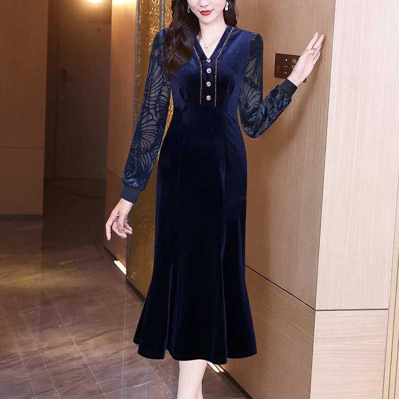 2024连衣裙女气质修身高端包臀裙蓝色大气一步裙新款长袖92111