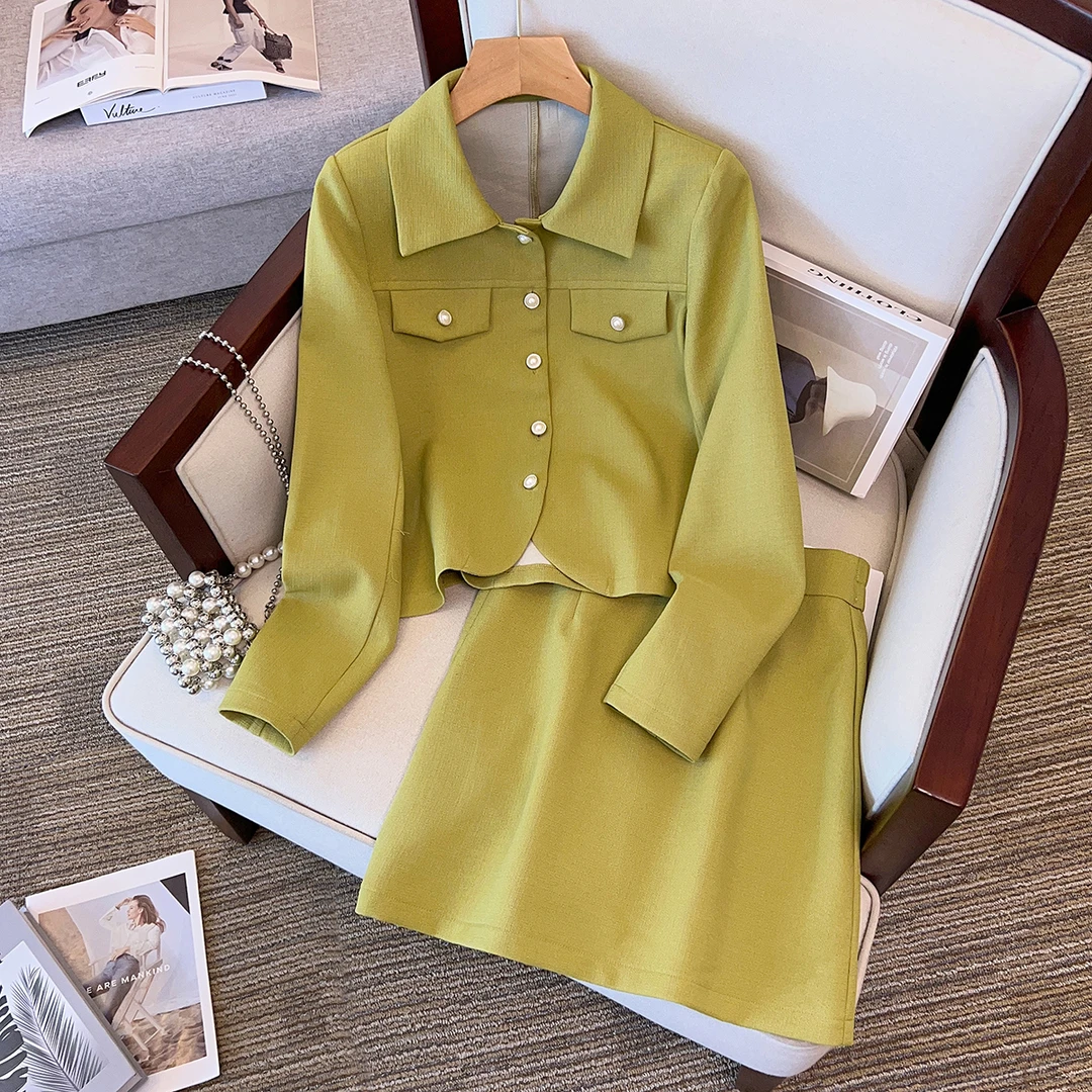2023显瘦秋装新款胖mm大码女减龄法式翻领外套上衣短裙两件套装