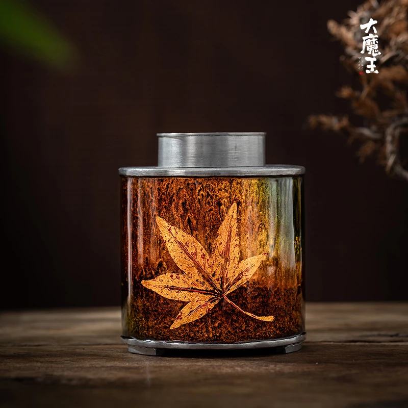 蜂鸟工坊锡雕侠侣大漆枫叶圆形锡茶茶叶罐储茶罐WCDQG093