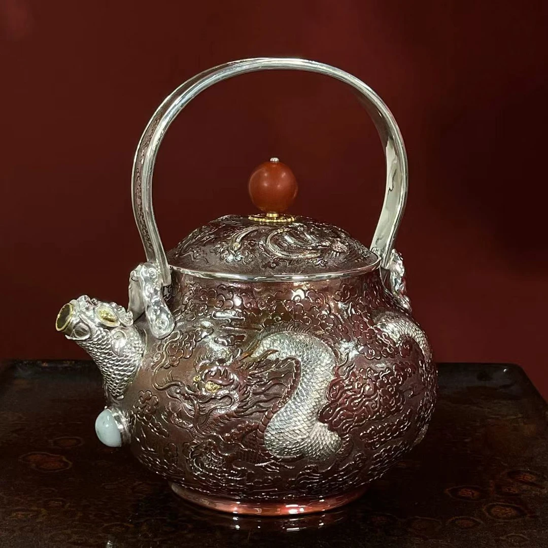 蜂鸟工坊手工艺品铜包银錾刻龙凤大潘提梁烧水壶银壶SWA21116