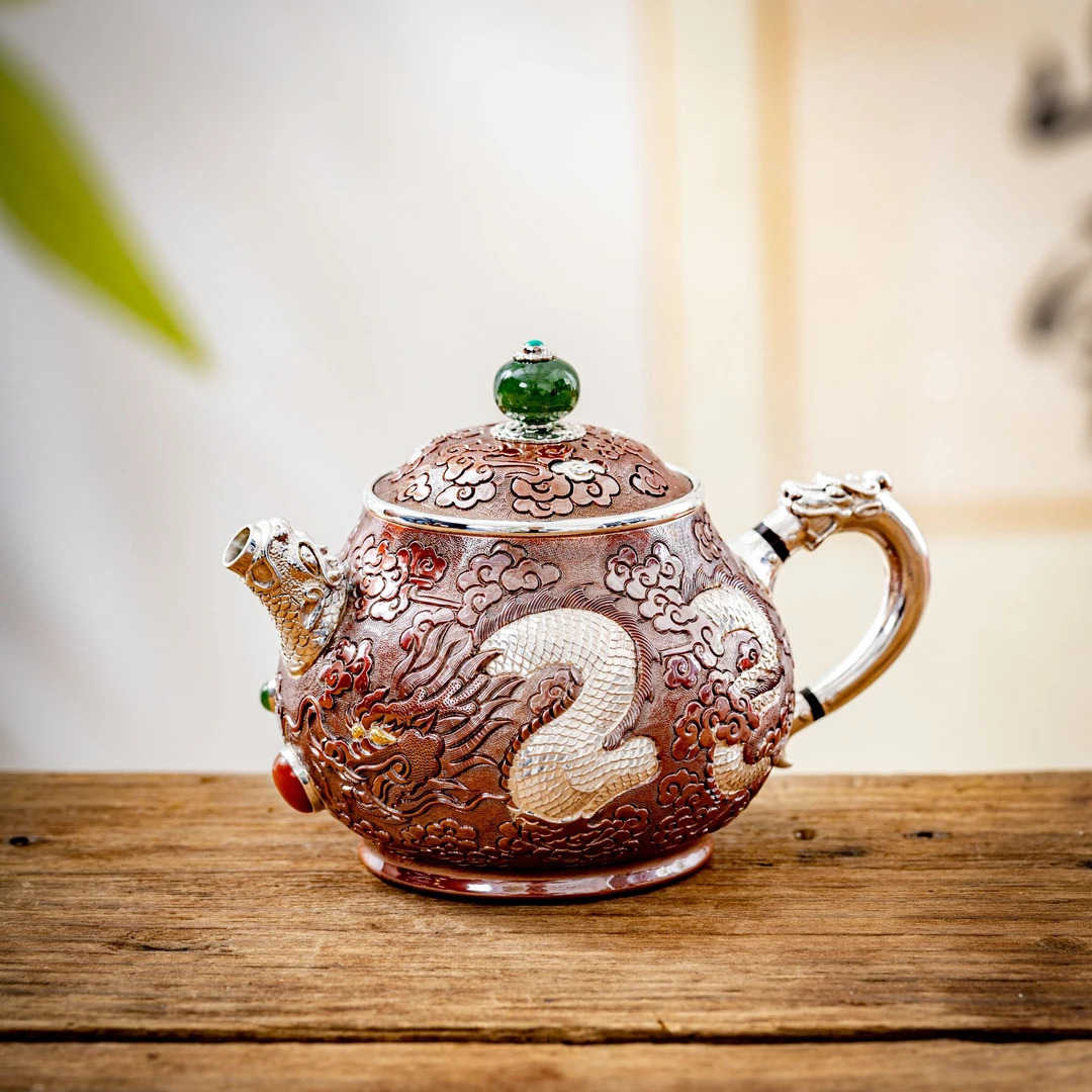 传家系列手工艺品碧玉钮铜包银錾刻龙凤小梨壶泡茶壶SWA1844