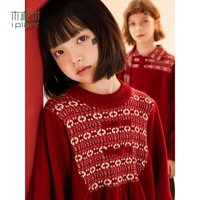 【窦窦戈专属】植木童装提花泡泡袖加厚毛衣年服女童连衣裙冬儿童