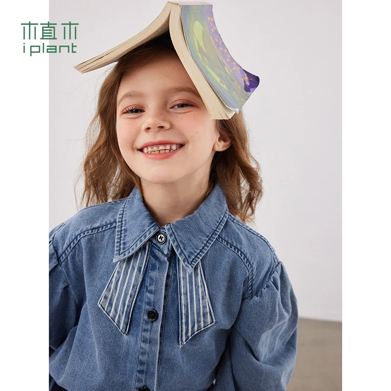 植木童装蝴蝶结领牛仔女童衬衫中大童2024春装新款休闲百搭儿童潮