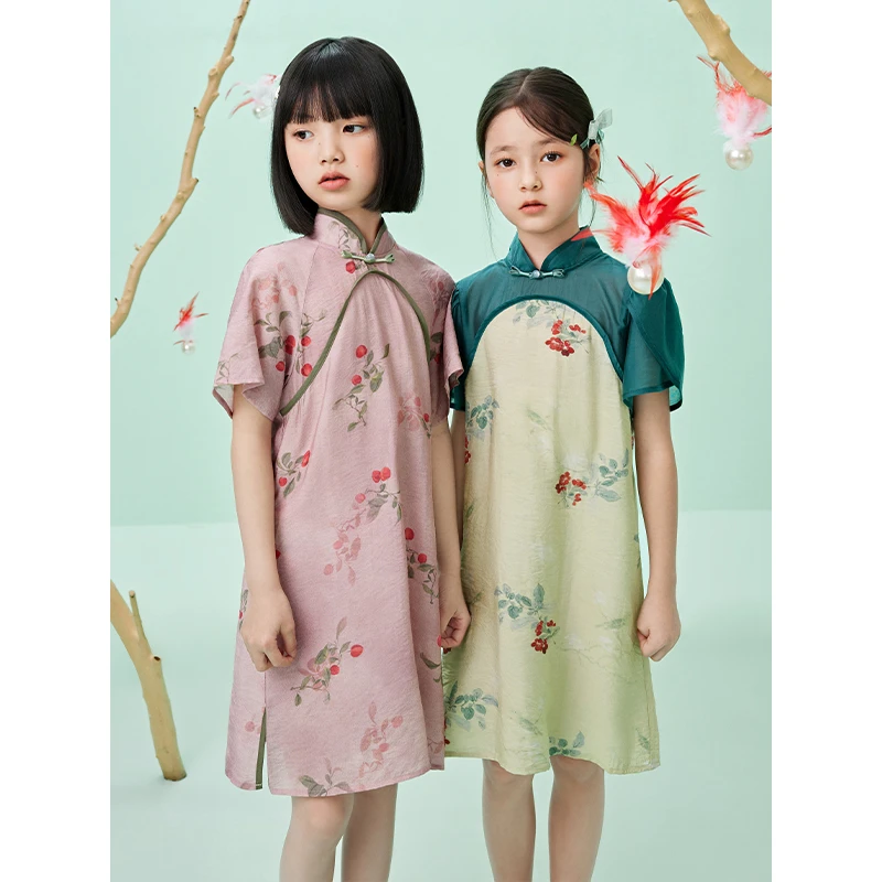 植木童装新中式撞色立领女童长裙2024夏装儿童旗袍裙24L172007