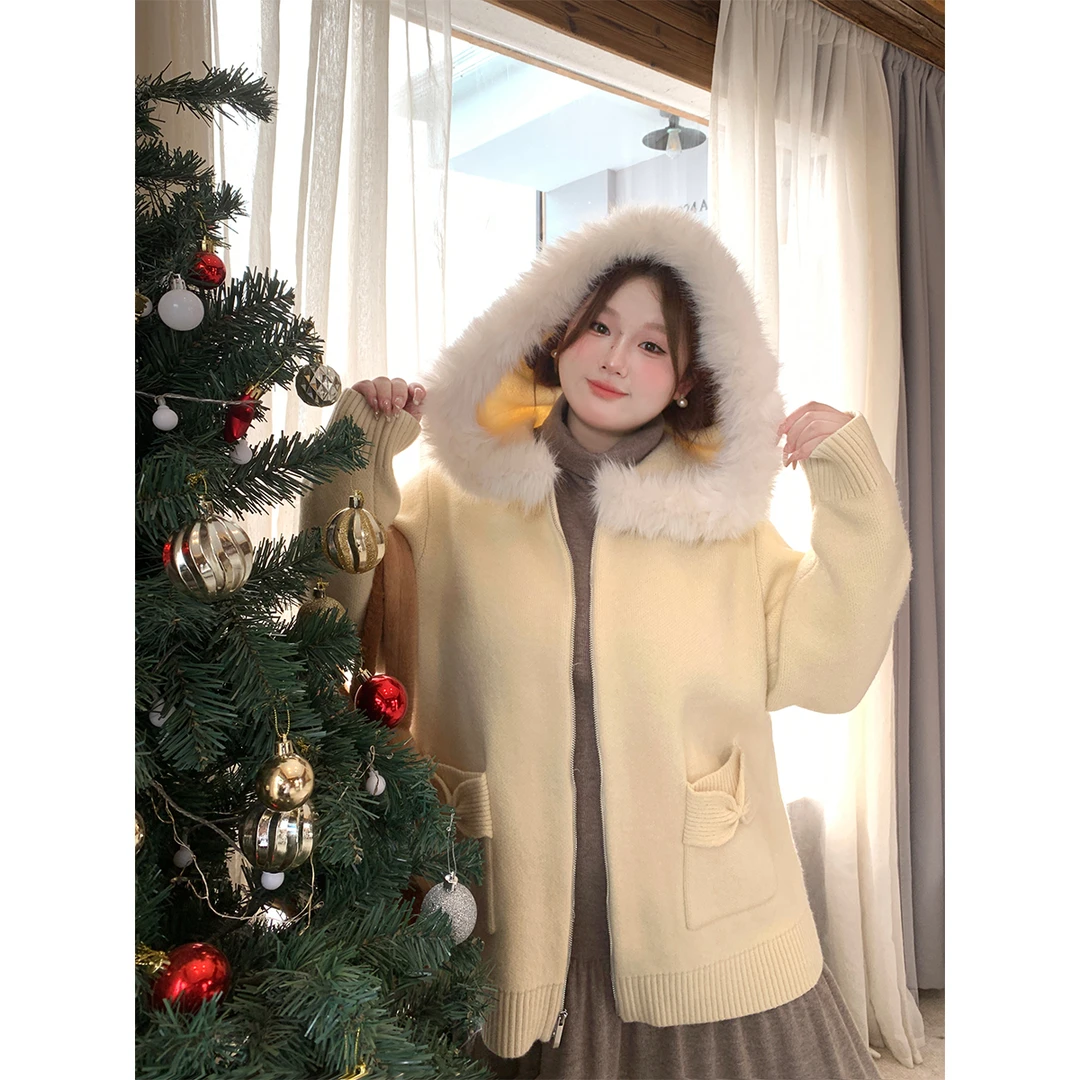 徐达布【致爱丽丝】大码宽松加厚外套女黄色洋气毛衣M27743C44