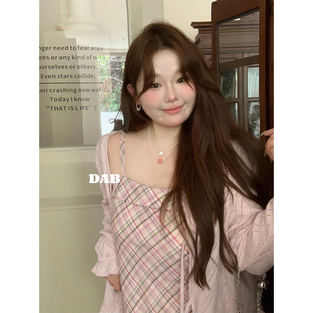 68徐达布【踏风去】粉紫格吊带裙显瘦连衣裙洋气宽松长裙L23887C43