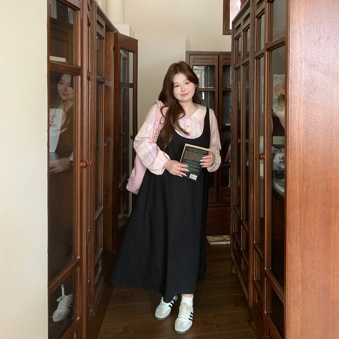徐达布【时髦bella裙】长裙黑色背心裙拼接粉格纹连衣裙L24173C43