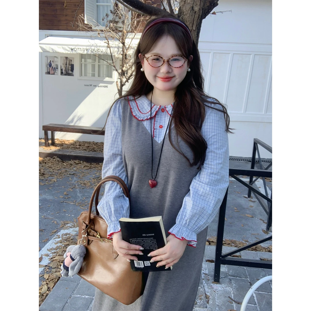 194徐达布【海浪香氛】大码假两件连衣裙胖mm时尚格子长裙L26349C43