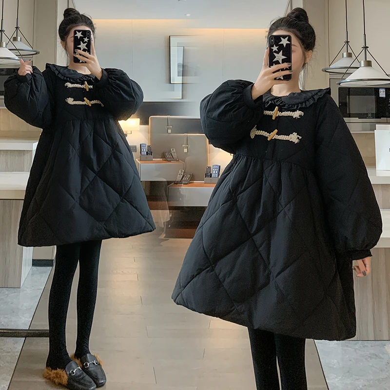 孕妇装时尚保暖包袖中长款长袖秋冬娃娃领棉服冬季新款显瘦外套