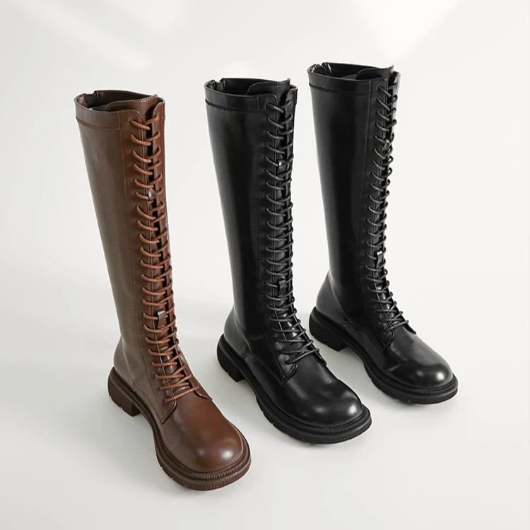 小辰家 平底系带圆头长筒靴2023新款百搭骑士靴不过膝A22322825