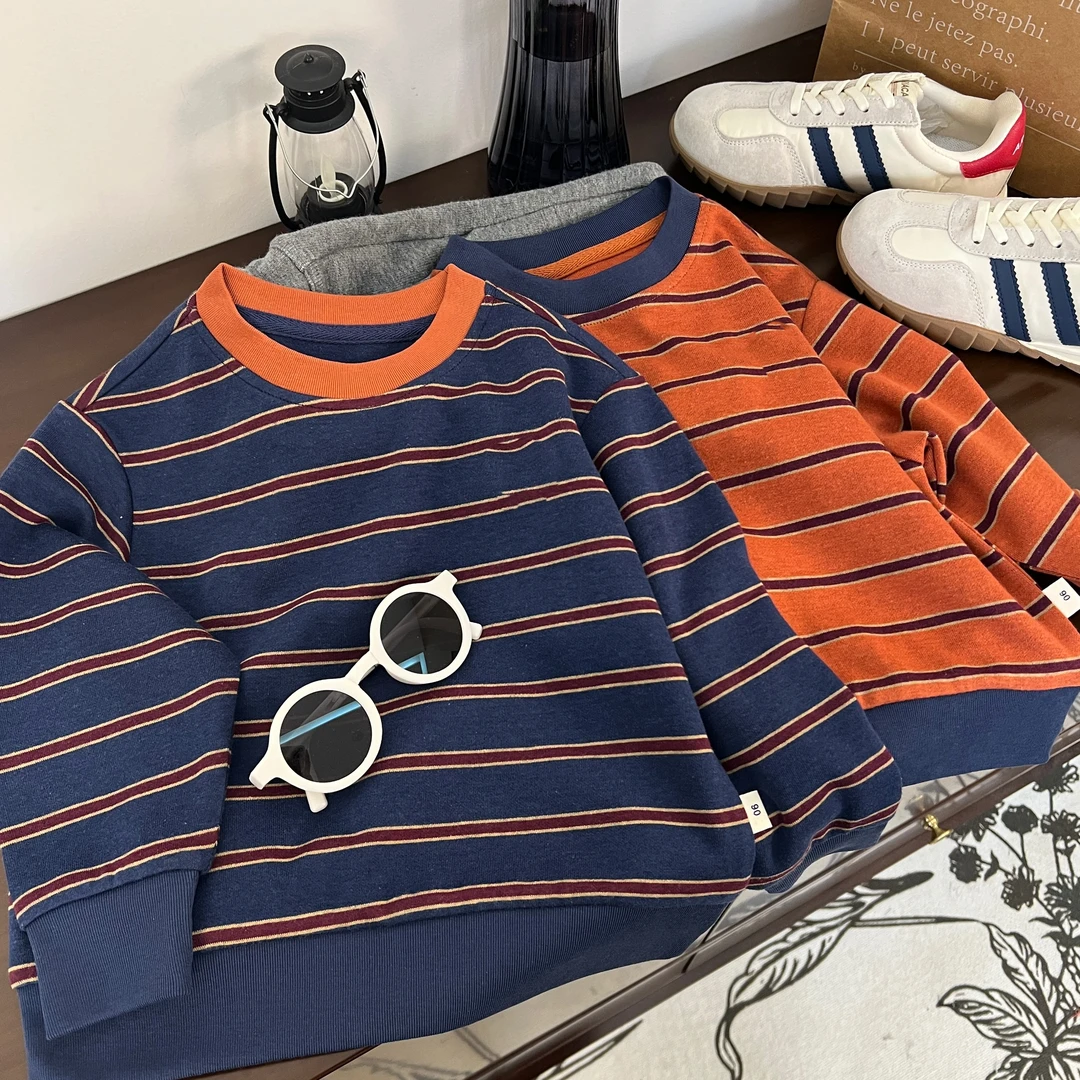 【WD125】秋季萌娃省心穿搭韩版圆领条纹套头卫衣