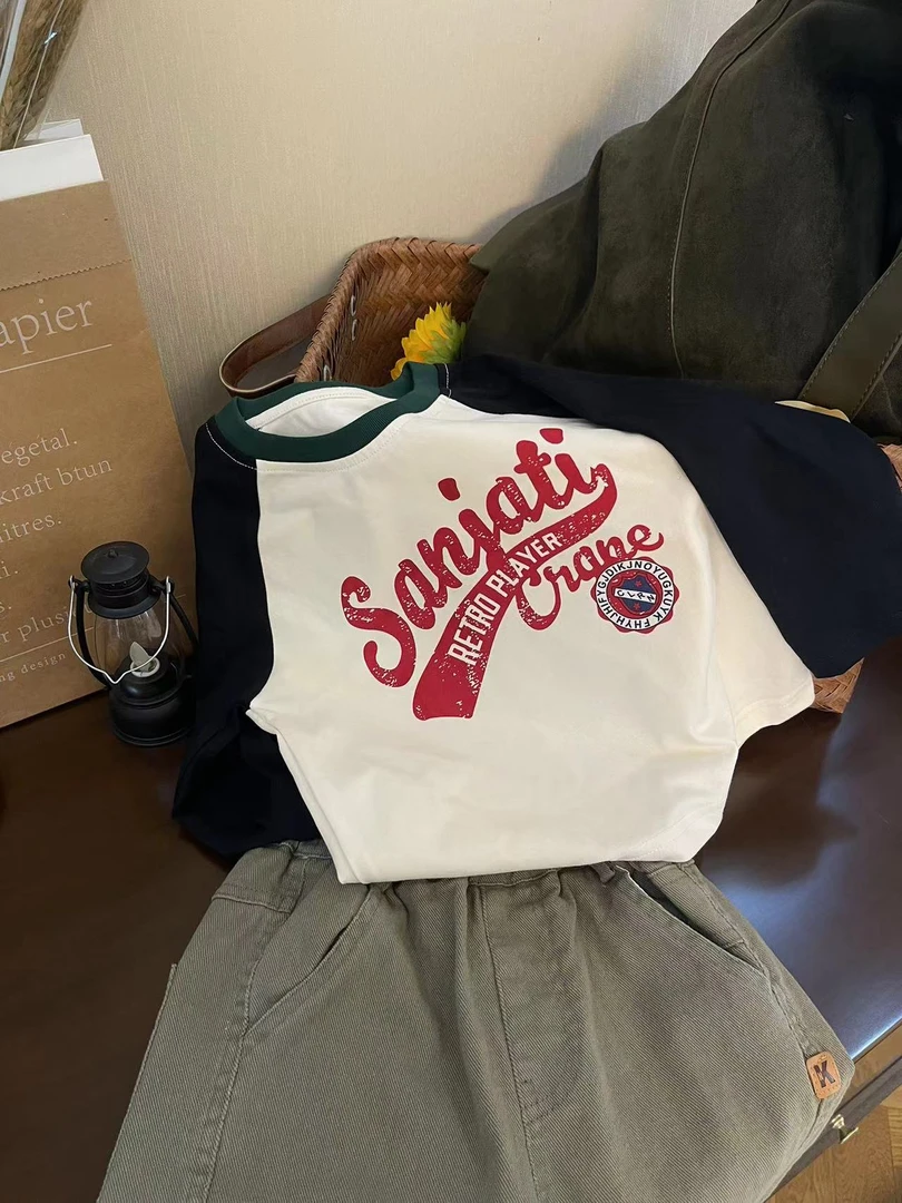 【美式复古印花长袖T】儿童春秋精梳棉长袖宽松百搭印花T上衣圆领