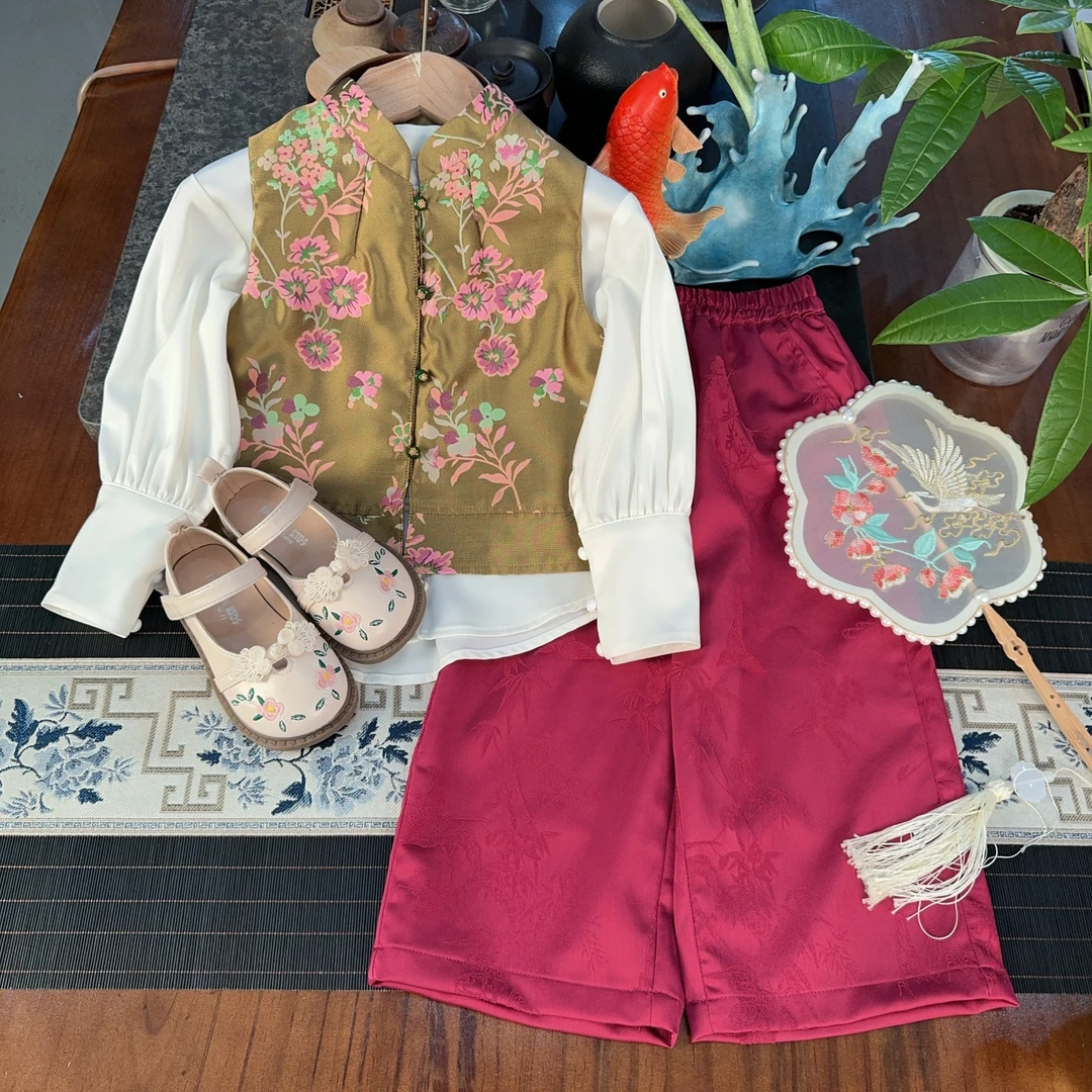 壹妈原创童装新中式套装2024中国风童装女童秋季三件套