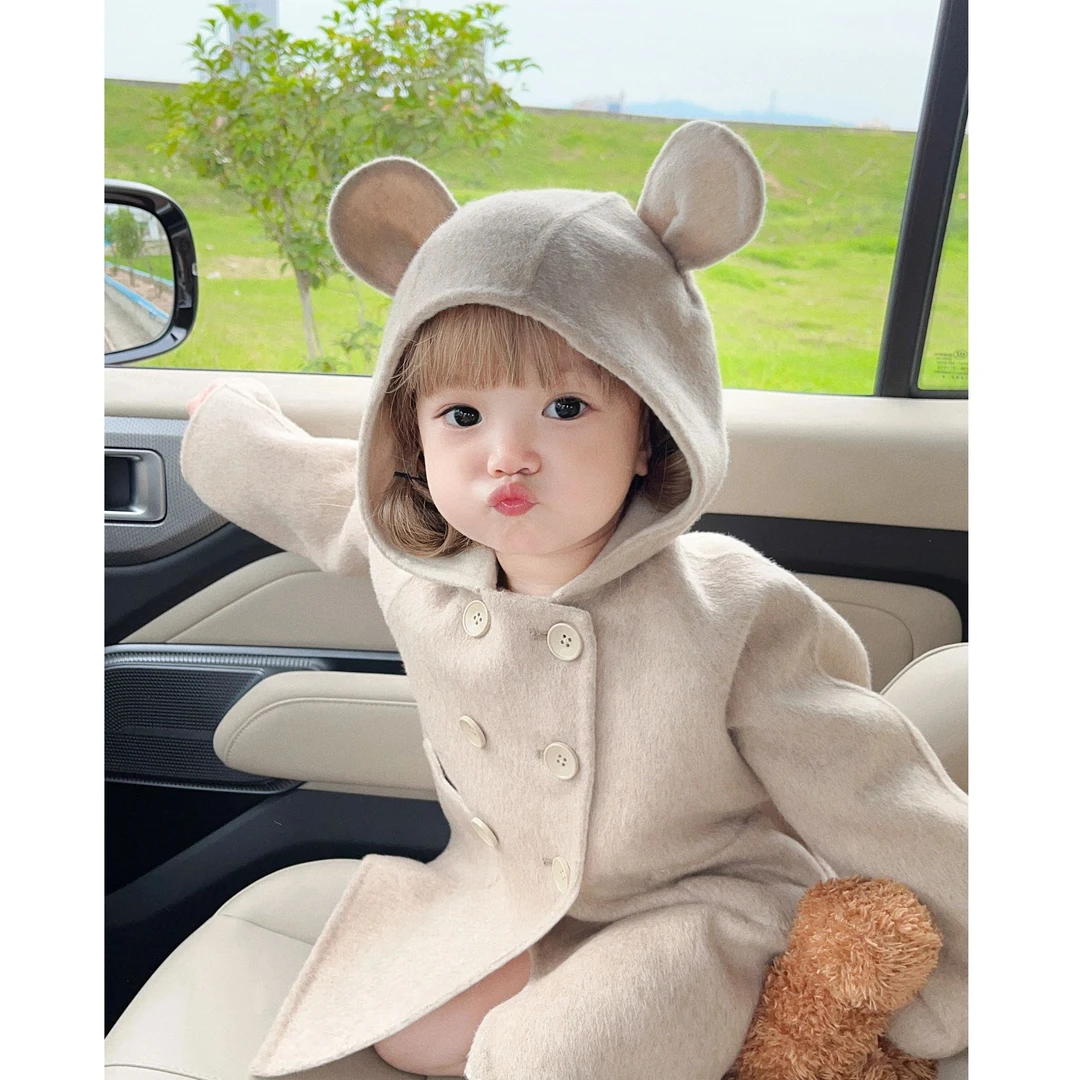 龙豆豆童装女童狐狸毛球呢大衣秋冬女孩可爱小熊耳朵杏色夹棉大衣