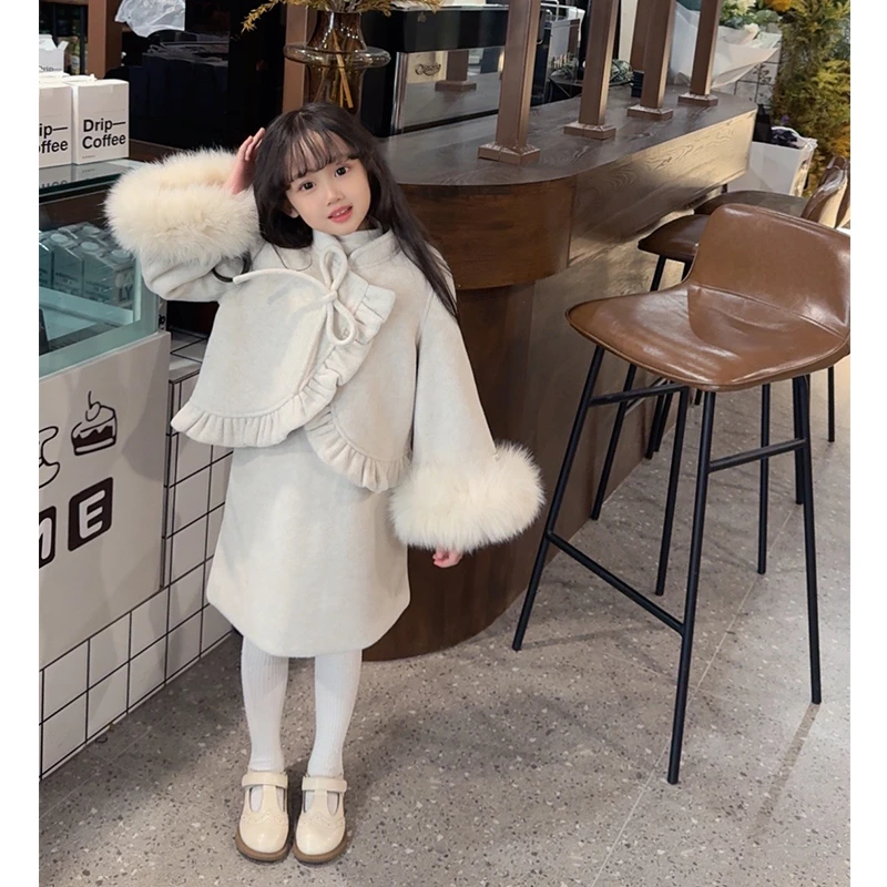 壹妈原创童装女童秋冬套装洋气小女孩甜美花边狐狸毛呢外套背心裙