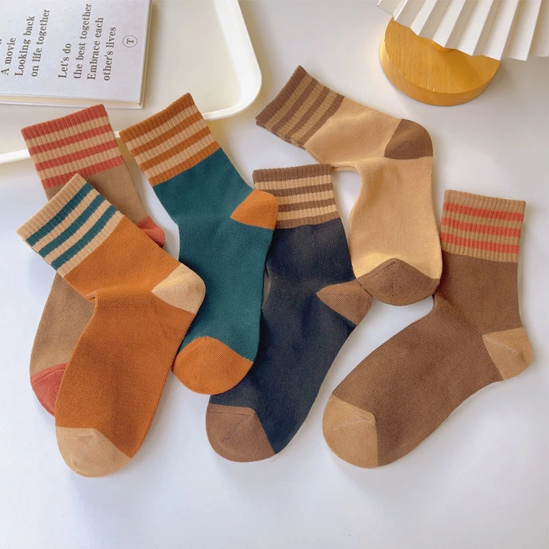 中筒袜女春夏季条纹咖色系韩版配鲨鱼裤瑜伽裤外穿运动透气棉袜子