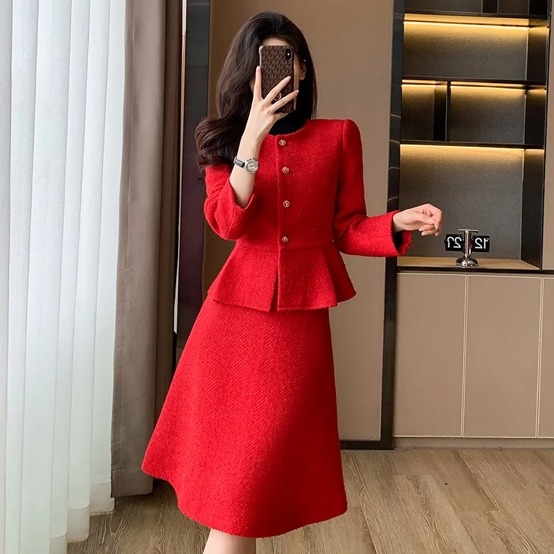 红色小香风时尚套装气质高级感法式轻熟开衫配裙子两件套敬酒服