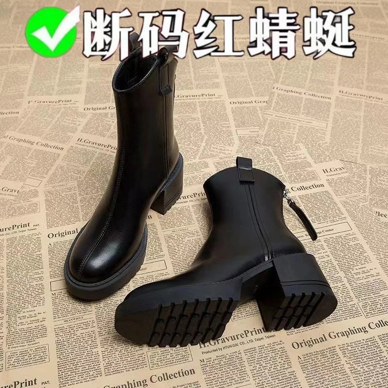 百搭时尚真软皮马丁靴女2024年高跟单靴爆款冬天鞋子英伦风短靴