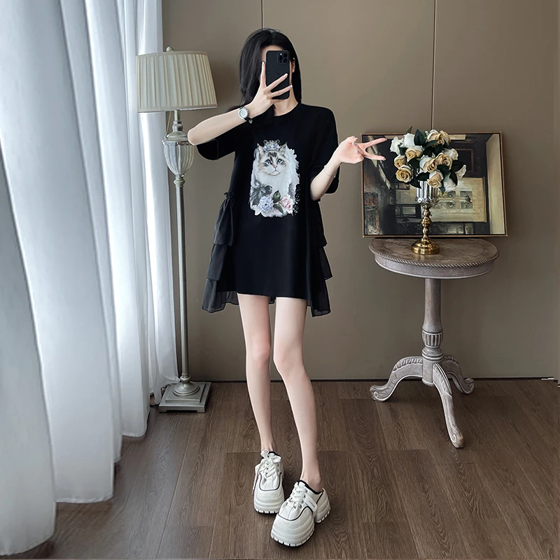 时尚休闲连衣裙女装百搭夏季外穿圆领印花设计感潮流减龄宽松显瘦