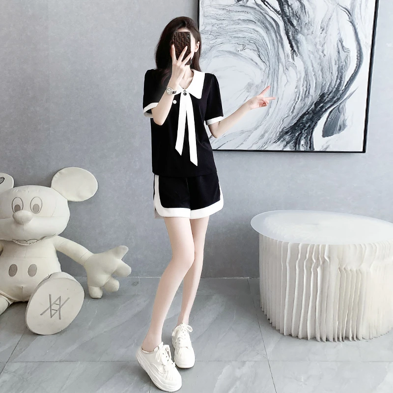 法式休闲运动套装黑色2023新款夏女套装夏减龄宽松上衣小个子套装