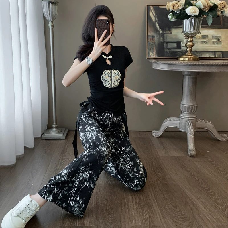 休闲套装女装两件套短袖时尚夏季宽松印花高腰显瘦新中式中国风