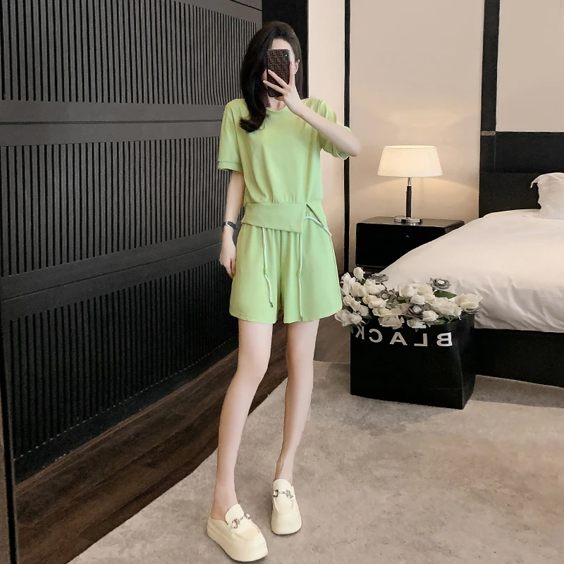短袖套装时尚夏季休闲显瘦气质小个子短裤韩版运动绿色减龄薄款