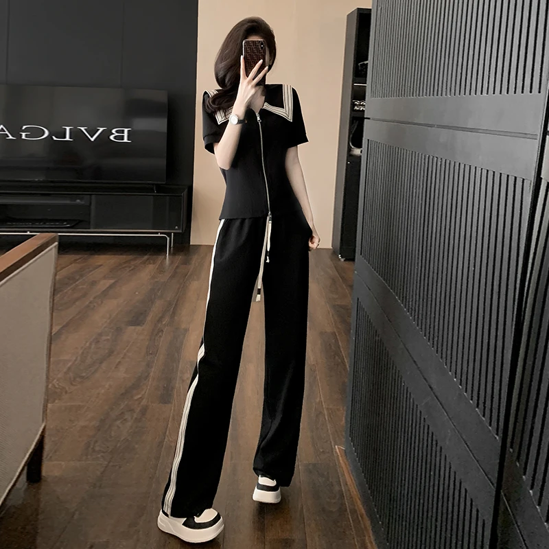 阔腿裤显瘦休闲夏季短袖洋气运动小个子高腰黑色套装时尚气质韩版