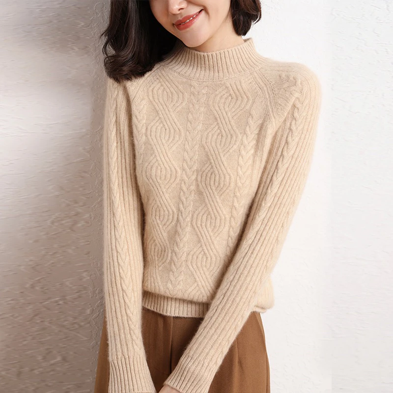 山羊绒秋冬新款七针双股加厚绞花时尚百搭半高领羊绒衫（DF8041）