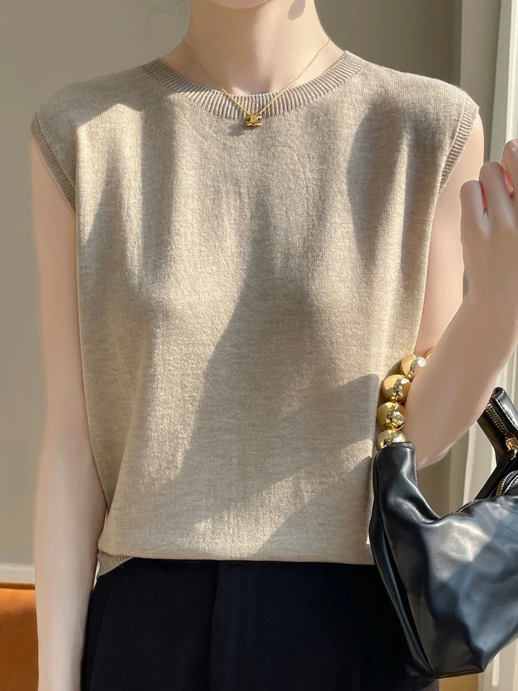 春季新款精纺圆领纯色无袖百搭针织气质休闲时尚打底