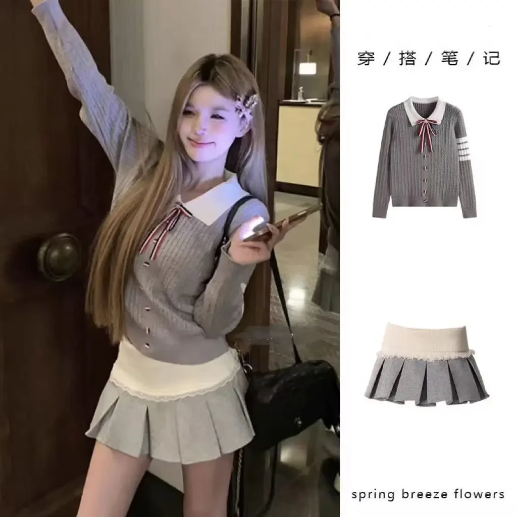 【福利款】韩系Polo领上衣套装秋季学院风小众百褶短裙长袖针织衫