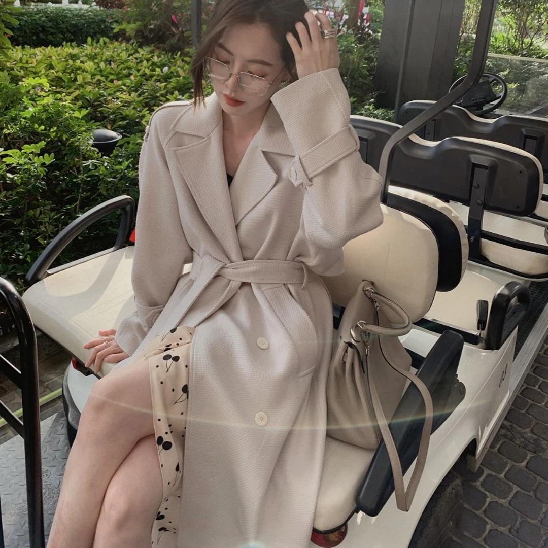 ASM ANNA◆Berny英伦风衣A8520休闲翻领双排扣系带长款风衣外套女