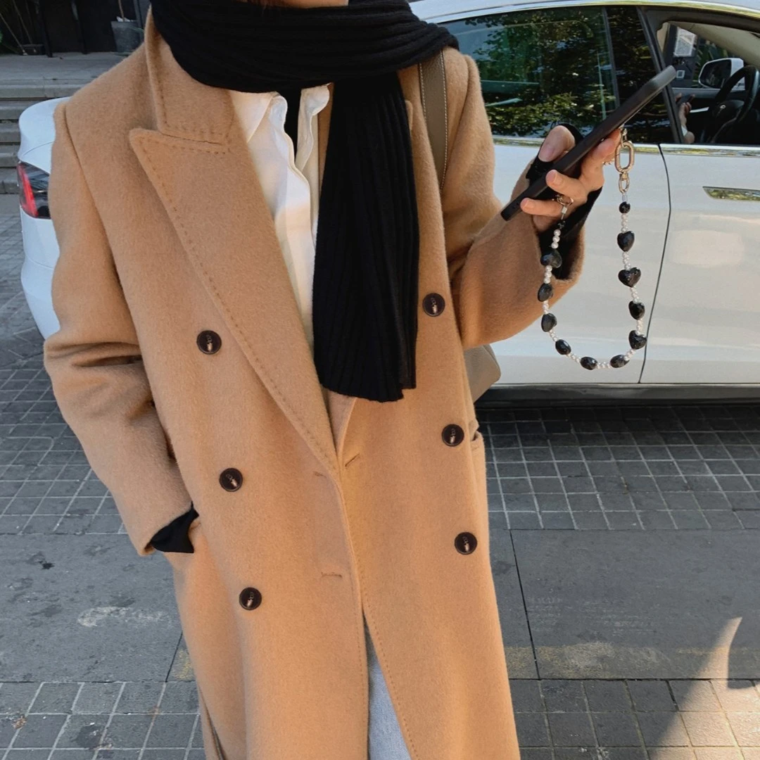 ASM ANNA◆ 耶鲁大衣~洋气翻领100驼绒双排扣大衣毛呢外套A9014