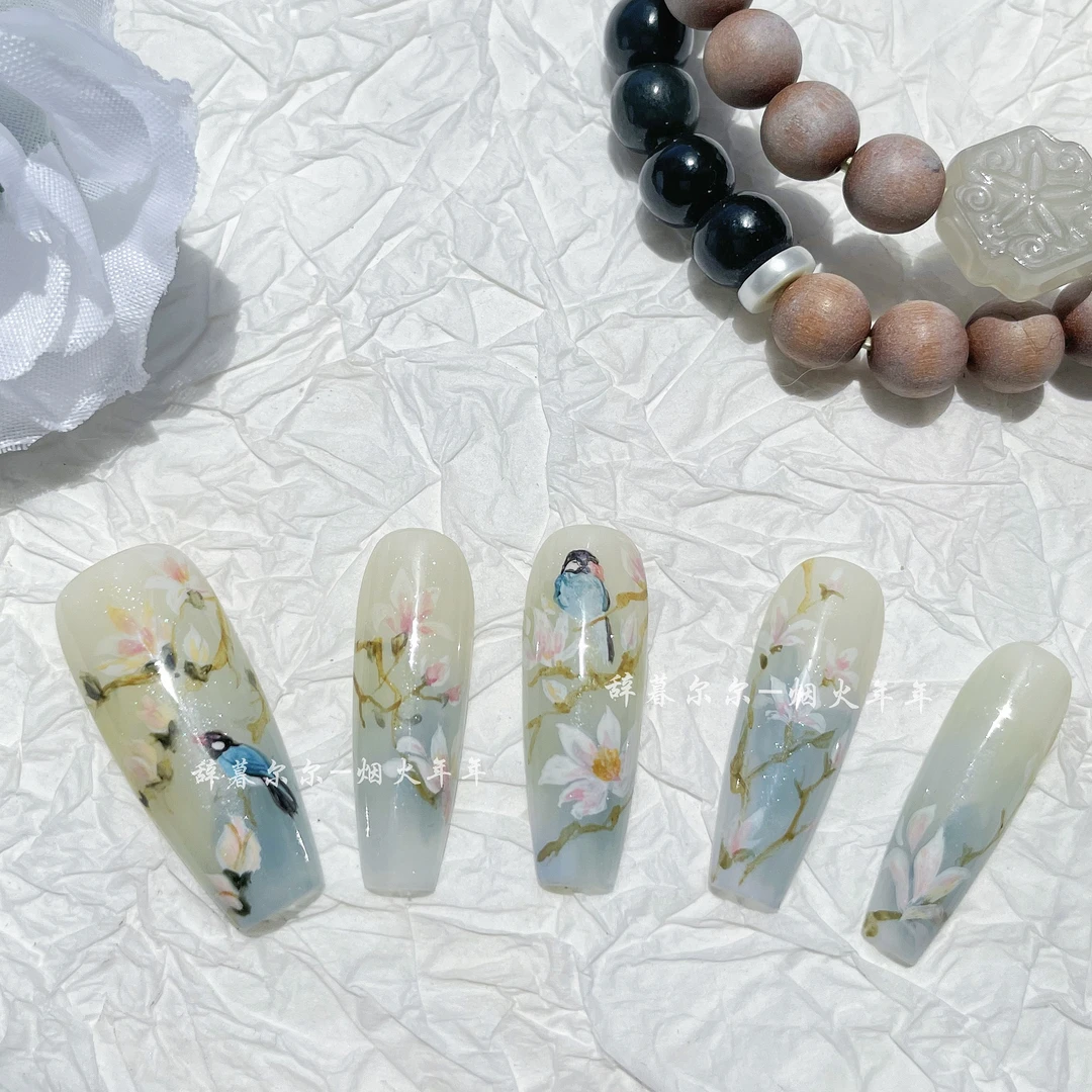 【杜鹃】翠鸟国风手绘美甲纯手工穿戴甲显白蓝色晕染