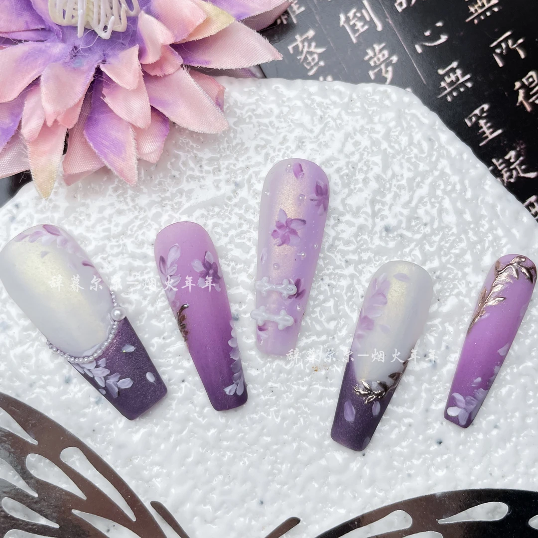 【紫罗兰】雾面显白紫色丝绸美甲纯手工穿戴甲