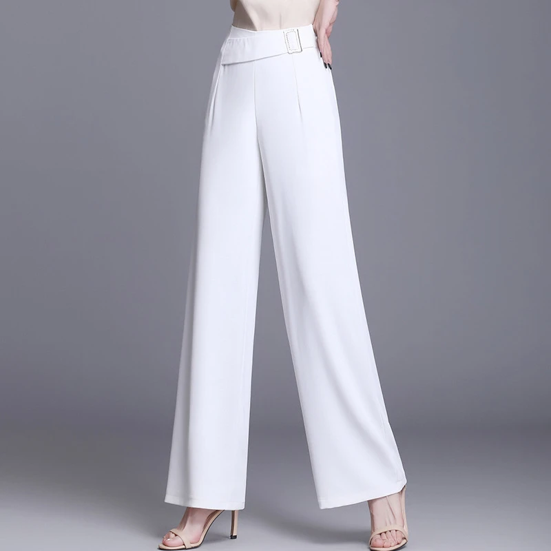 摩登舞新款裤阔腿裤女高腰气质垂感裤子宽筒型后松紧长裤白色大码
