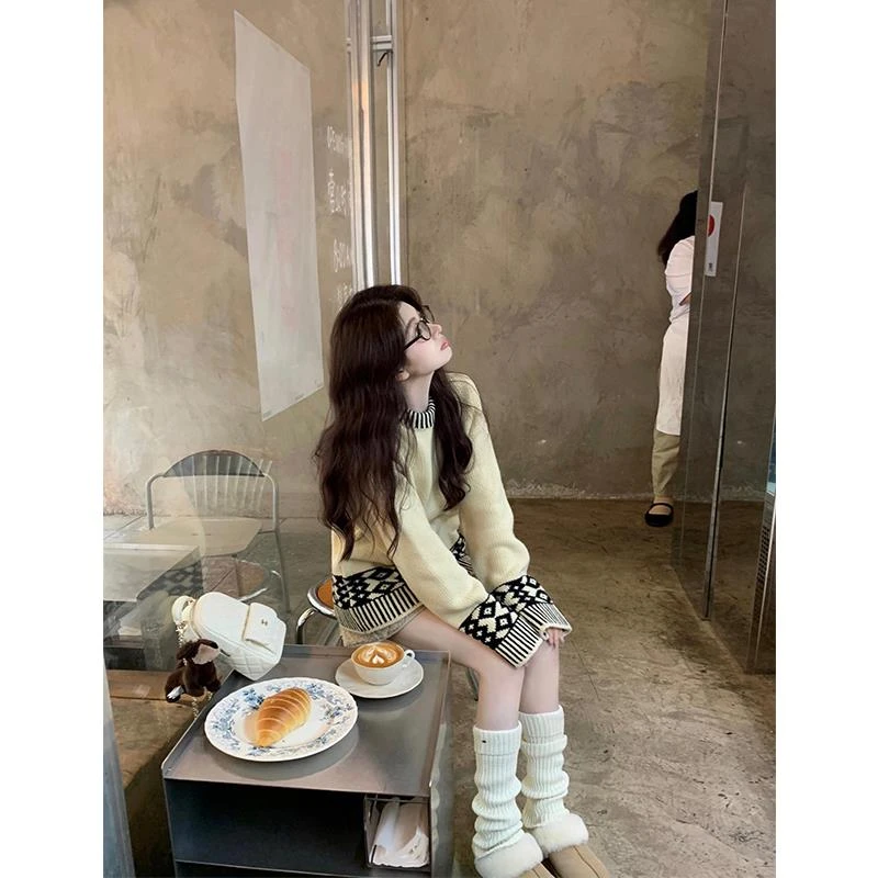 复古提花菱形格纹圆领针织衫新款慵懒风套头宽松显瘦氛围感上衣女