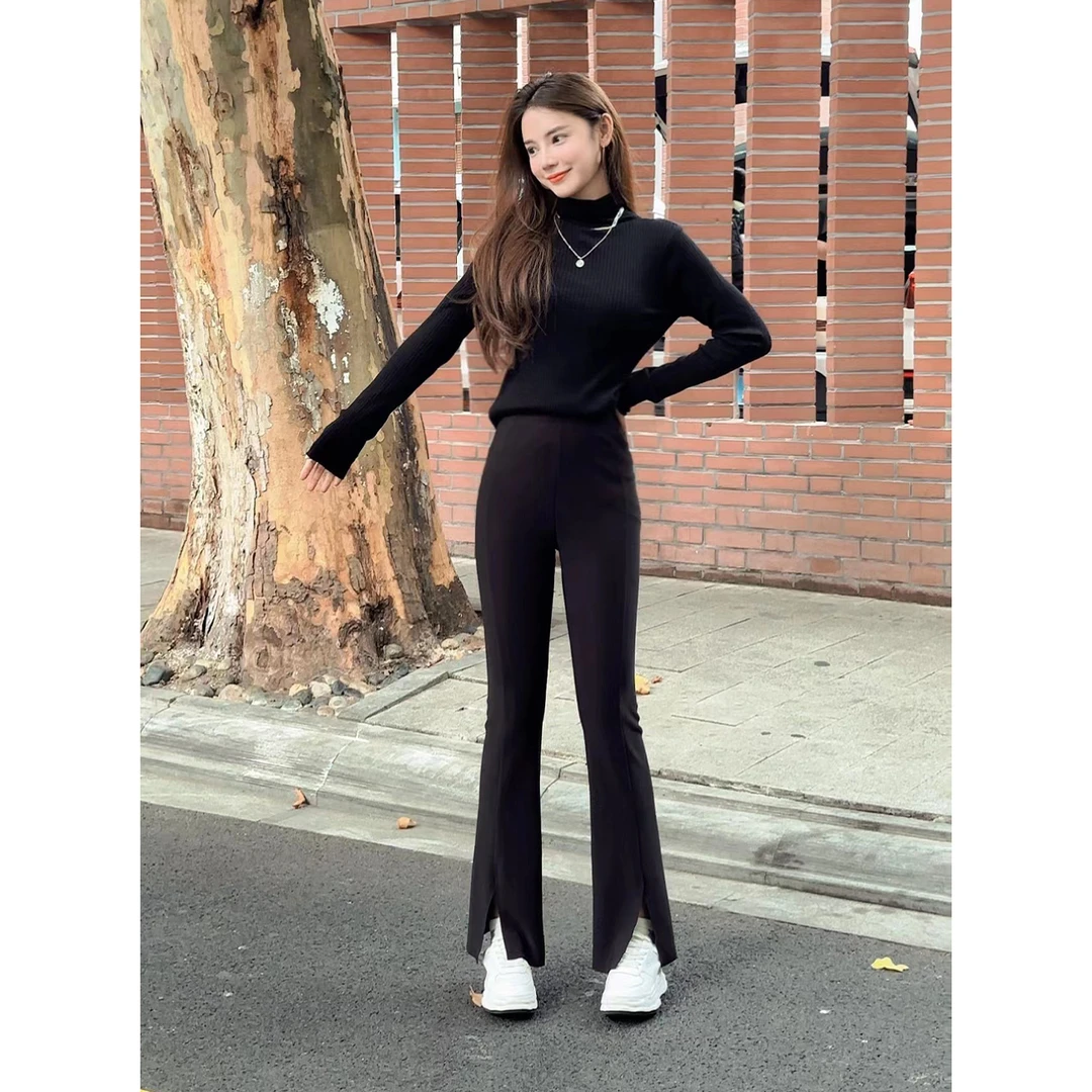 【神奇的裤王】时尚气质休闲百搭通勤显瘦开叉黑色微喇裤小个子定制