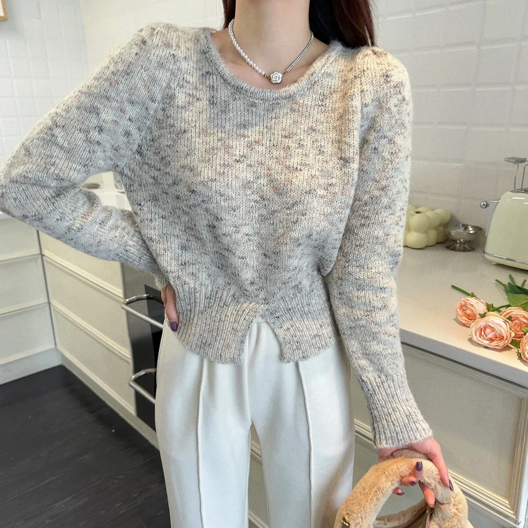 【秋款上新】秋冬设计感开叉长袖针织衫韩系修身短款上衣DMJ-S54244