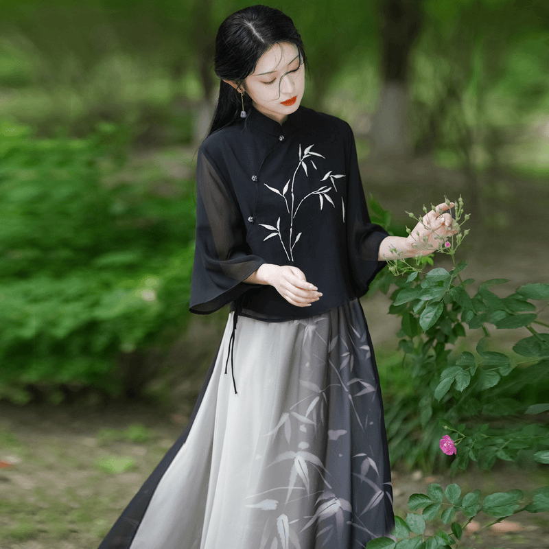 实拍 新中式国风竹林水墨印花 改良汉元素宽松淑女上衣半身裙套装