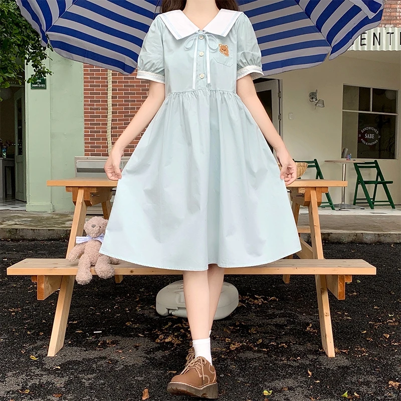 可爱小熊娃娃领连衣裙夏少女学院风泡泡袖宽松裙子学生16岁中长款