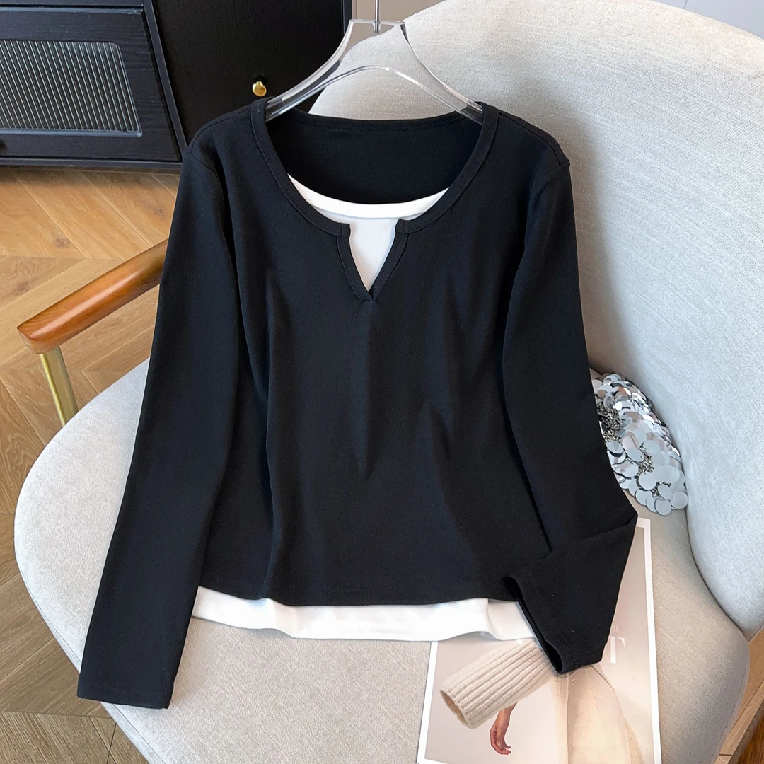 5056大码女装秋季假两件长袖T恤胖mm休闲显瘦纯色圆领德绒卫衣