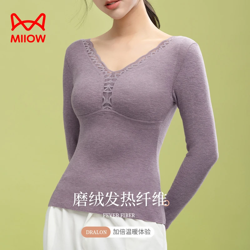 猫人长袖保暖内衣女士加绒带胸垫发热内搭上衣加厚打底秋衣女冬季