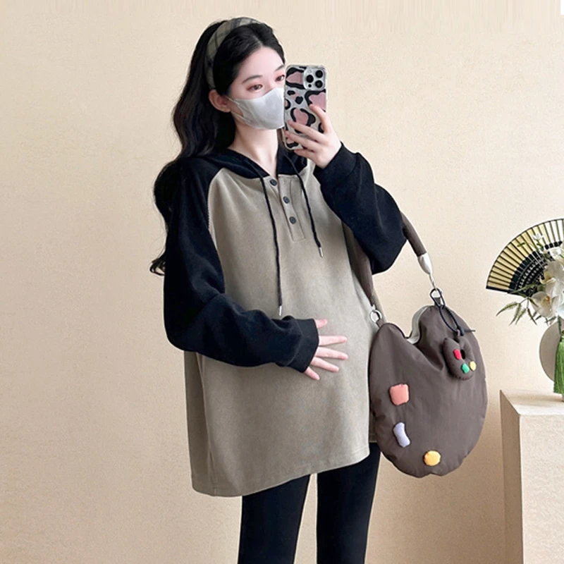 【伊伊】孕妇装加绒加厚新款韩版连帽百搭孕妇宽松上衣中长款卫衣