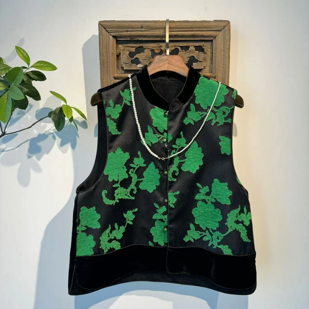 梦梦【折枝牡丹】春秋新款漳缎新中式提花气质盘扣高端马甲